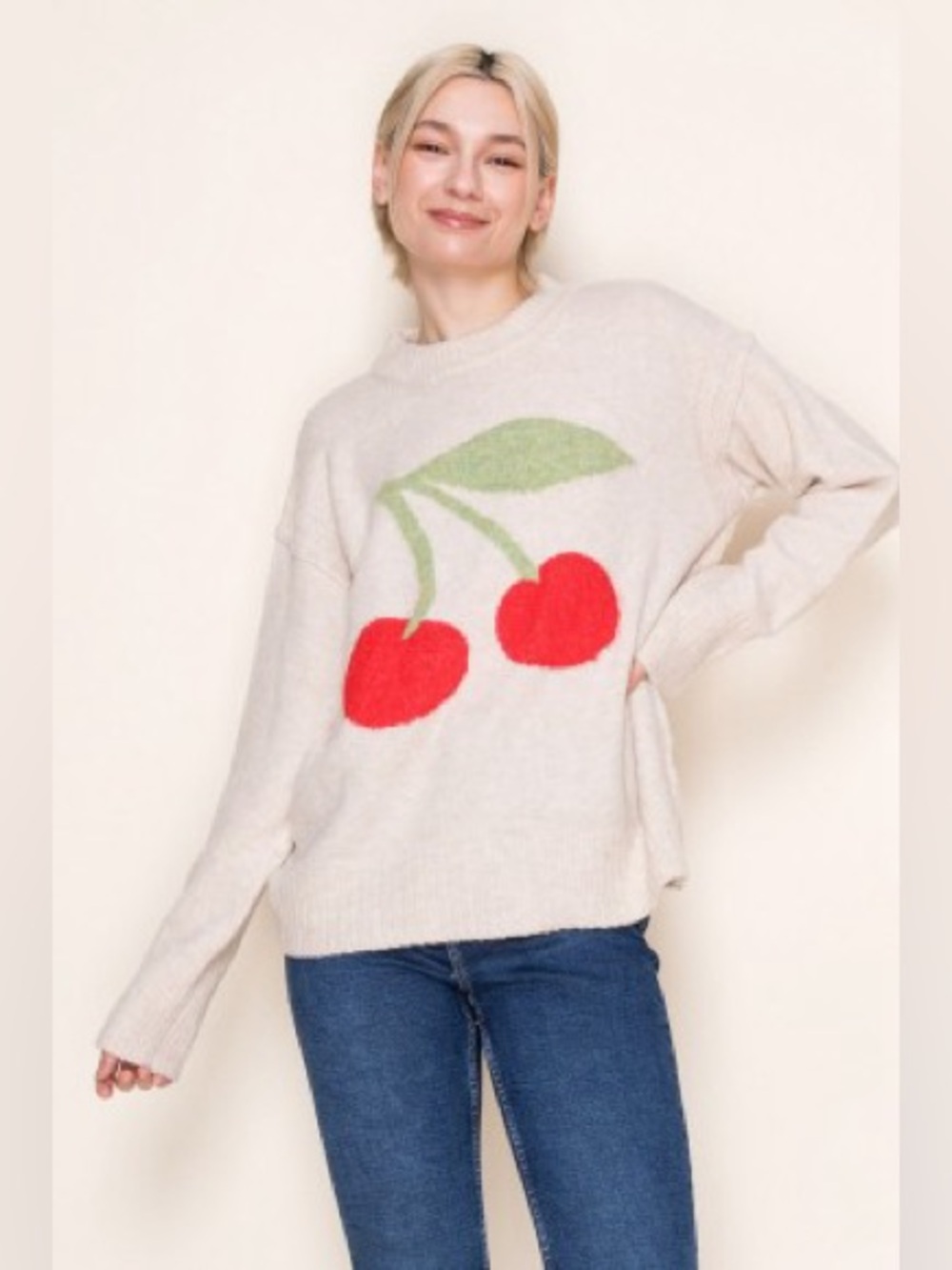 White Birch Long Sleeve Cherry Knit Sweater